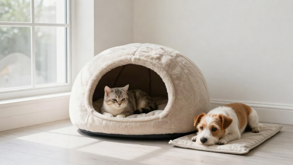 Cat resting in a plush cave bed beside a small dog on a mat
